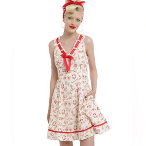 Hell Bunny Alizea Sailor Print Nautical Retro lace Mini Dress cream/red Medium